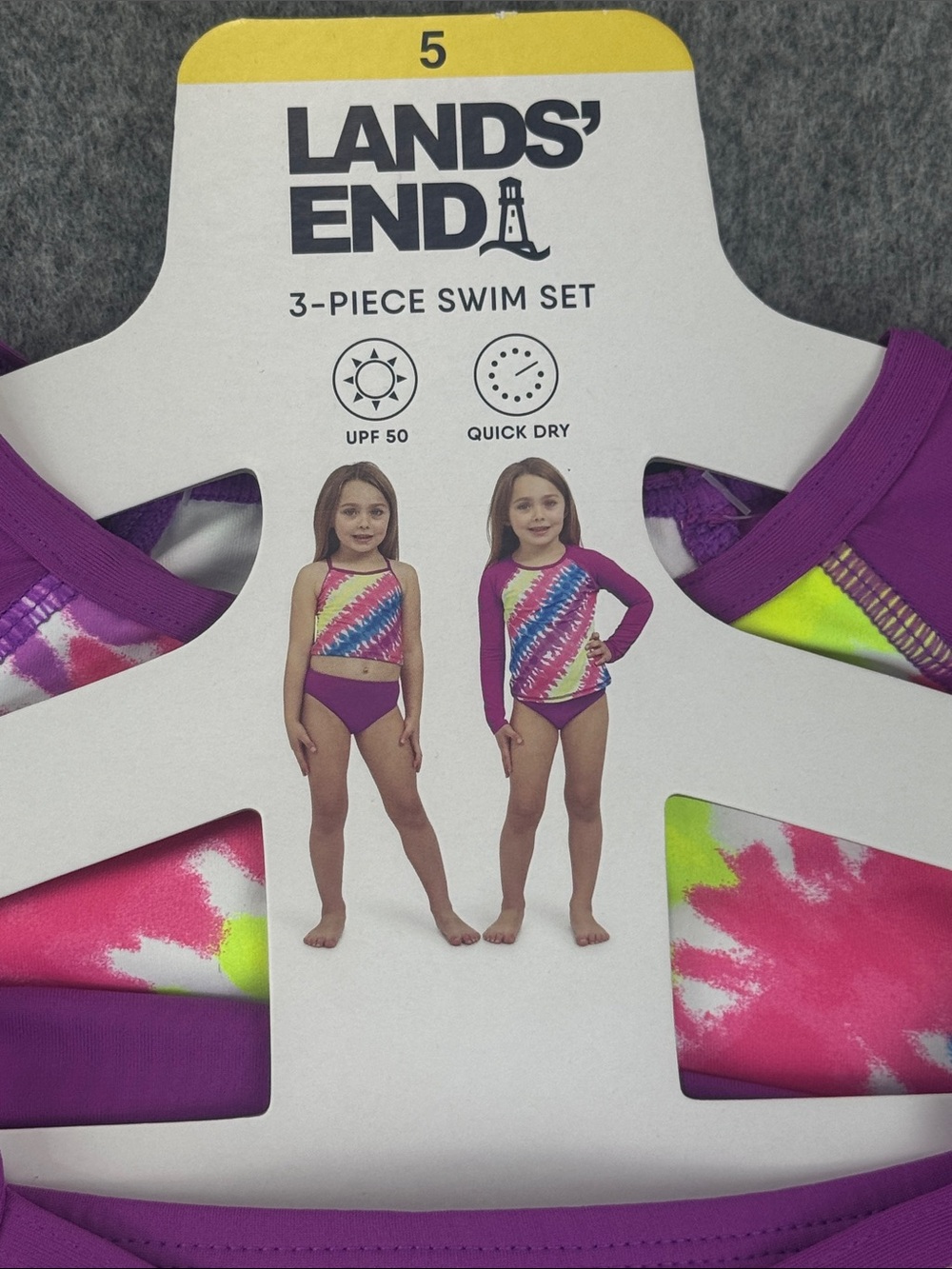 Lands' End 3 Piece Swim Set Girls Purple Geometric UPF 50 Quick Dry